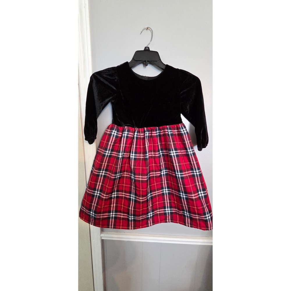 Popatu Girls Black Velvet Red Plaid Holiday Christmas Dress Size 6X/7